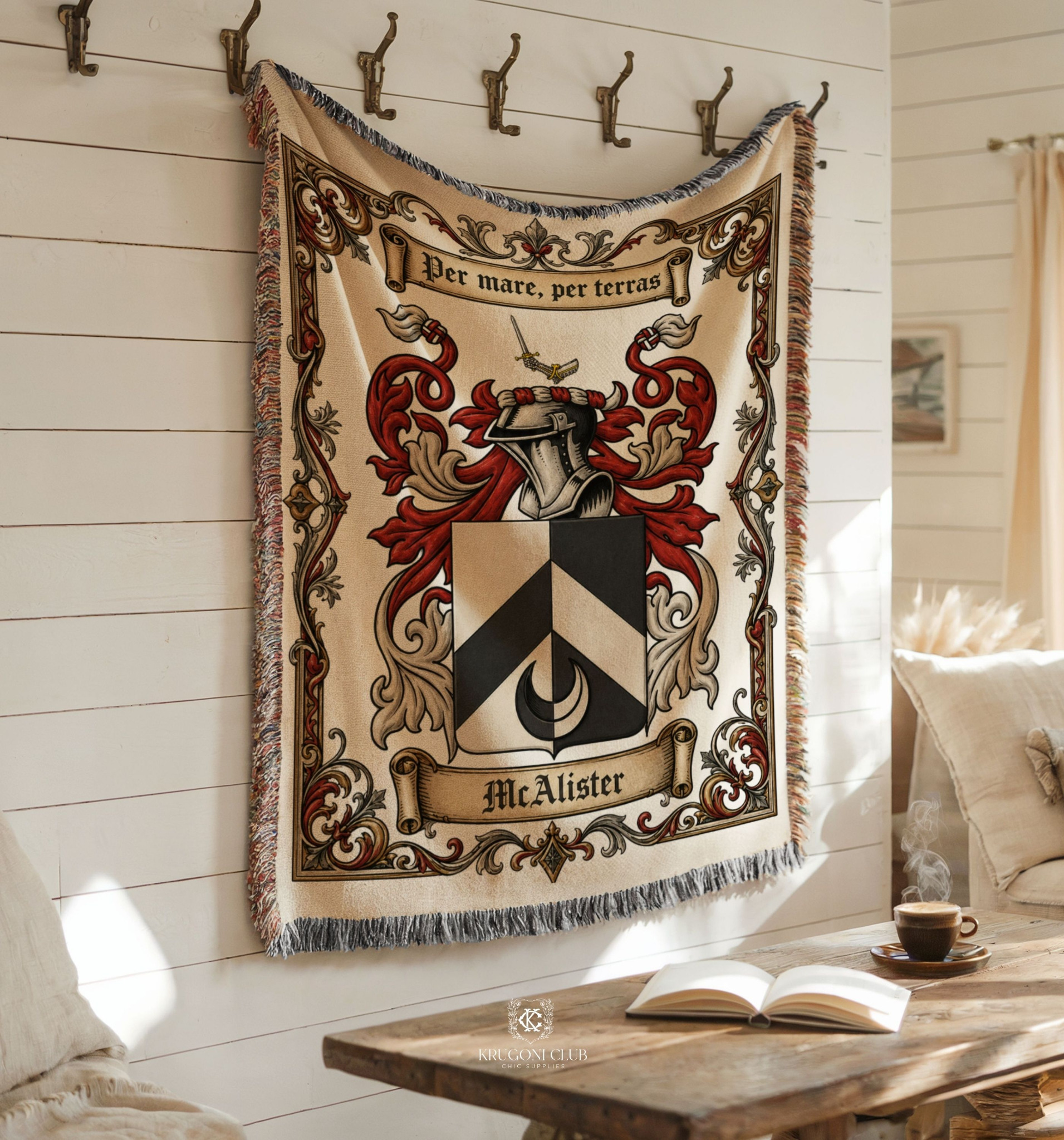 Custom blue and gold family crest woven wall tapestry