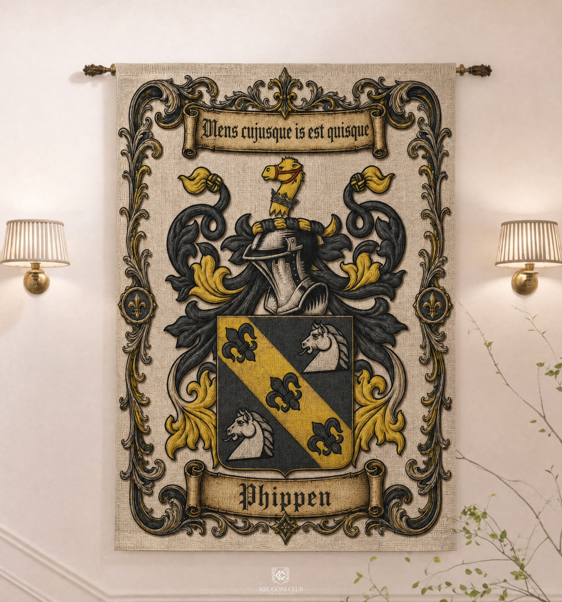 Gold and black personalized surname crest tapestry displayed on a wall