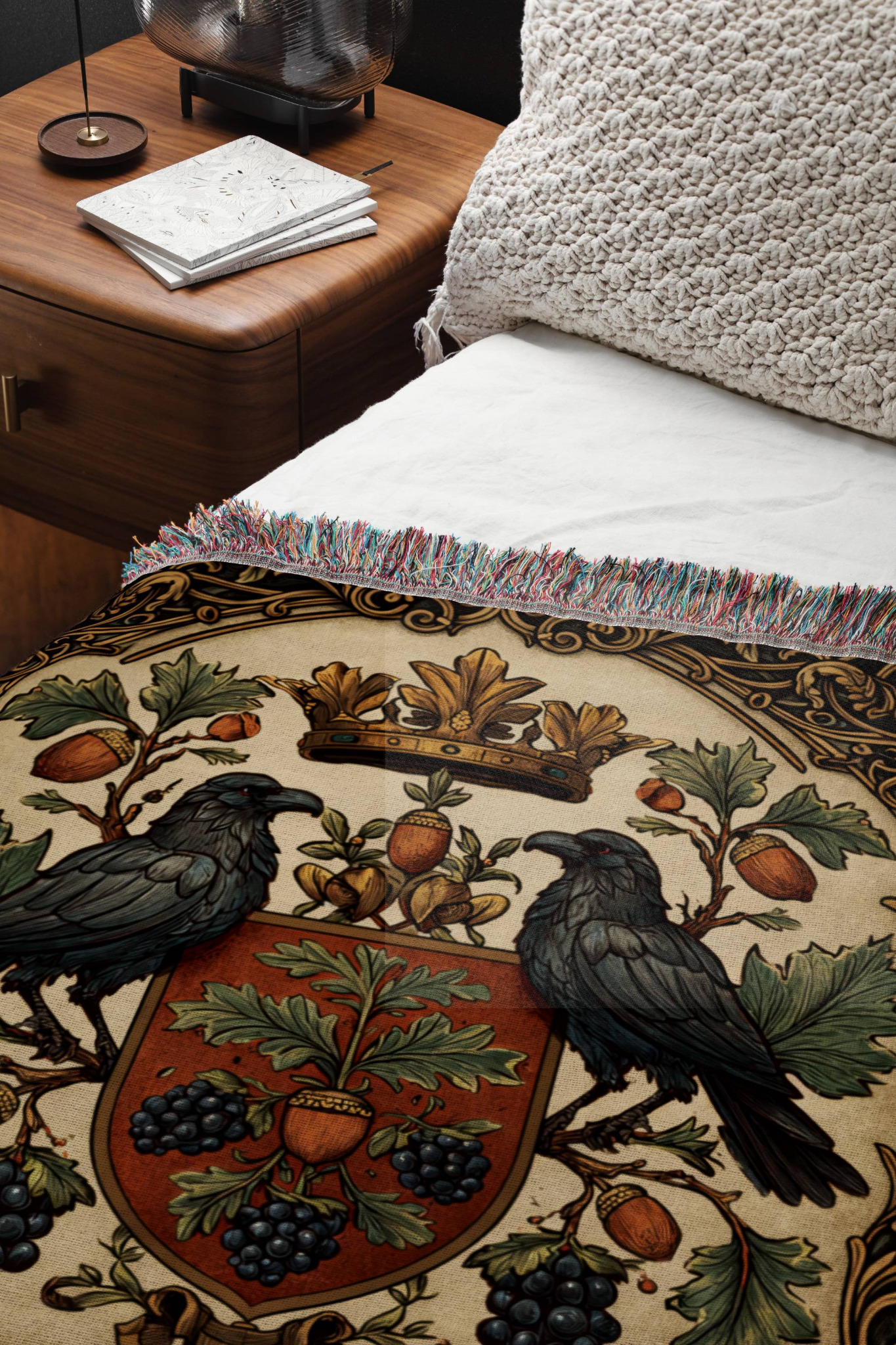 Personalized gothic heraldic blanket with ravens, botanical details and family shield