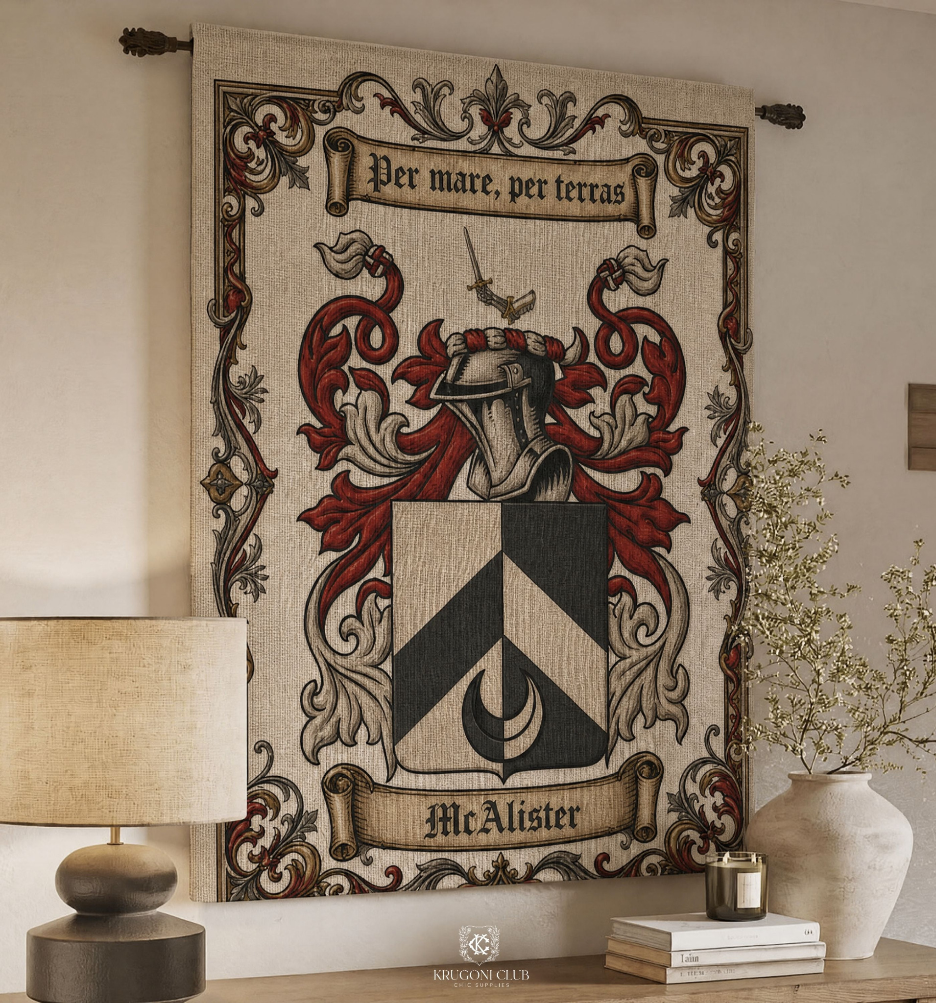 Red and black custom family crest woven wall tapestry in an elegant interior