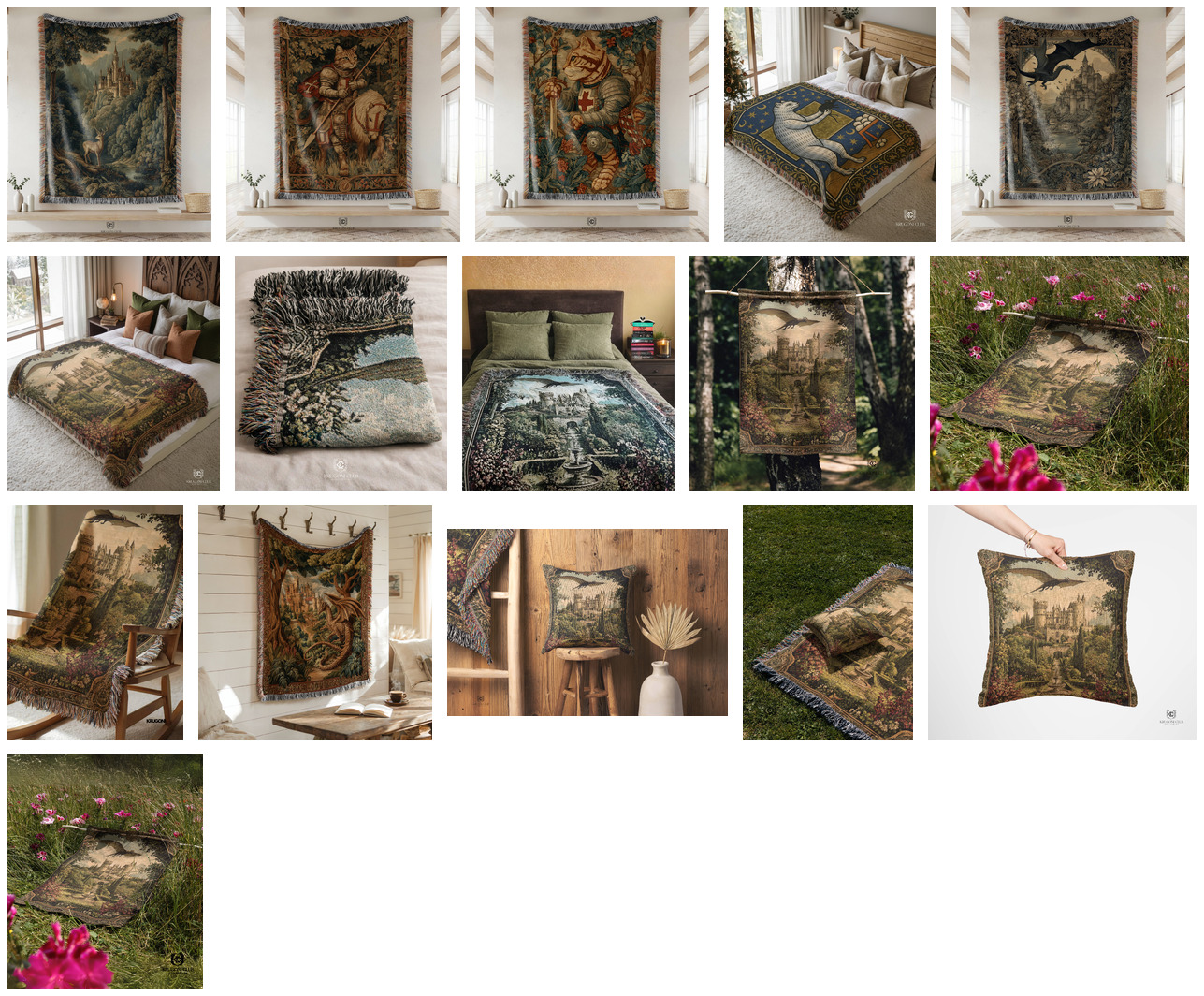 Medieval dragon landscape woven wall hanging displayed outdoors
