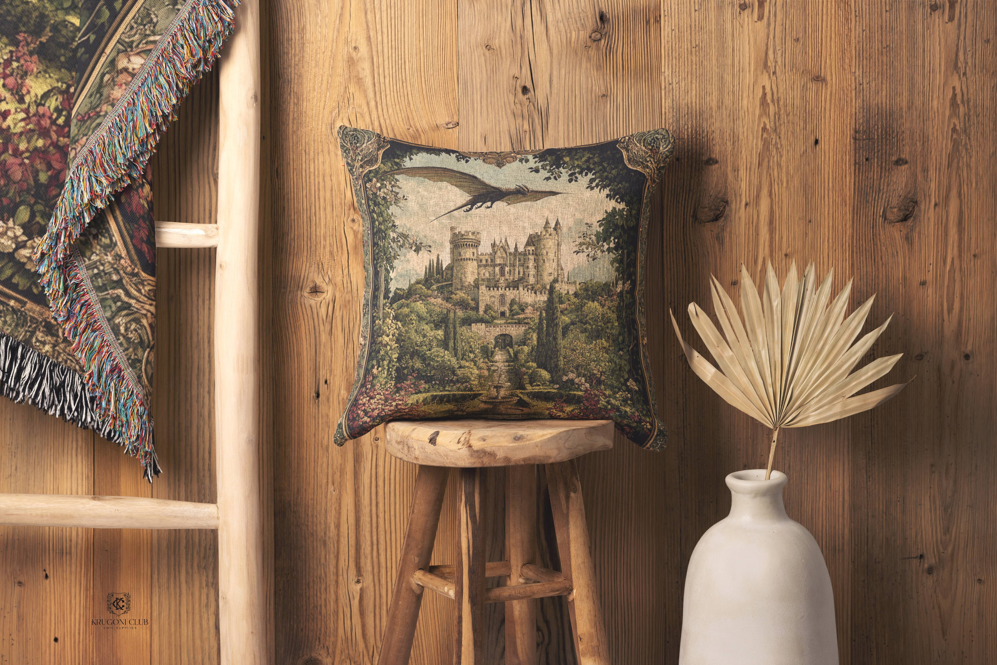 Fantasy dragon medieval artwork translated into a woven tapestry pillow