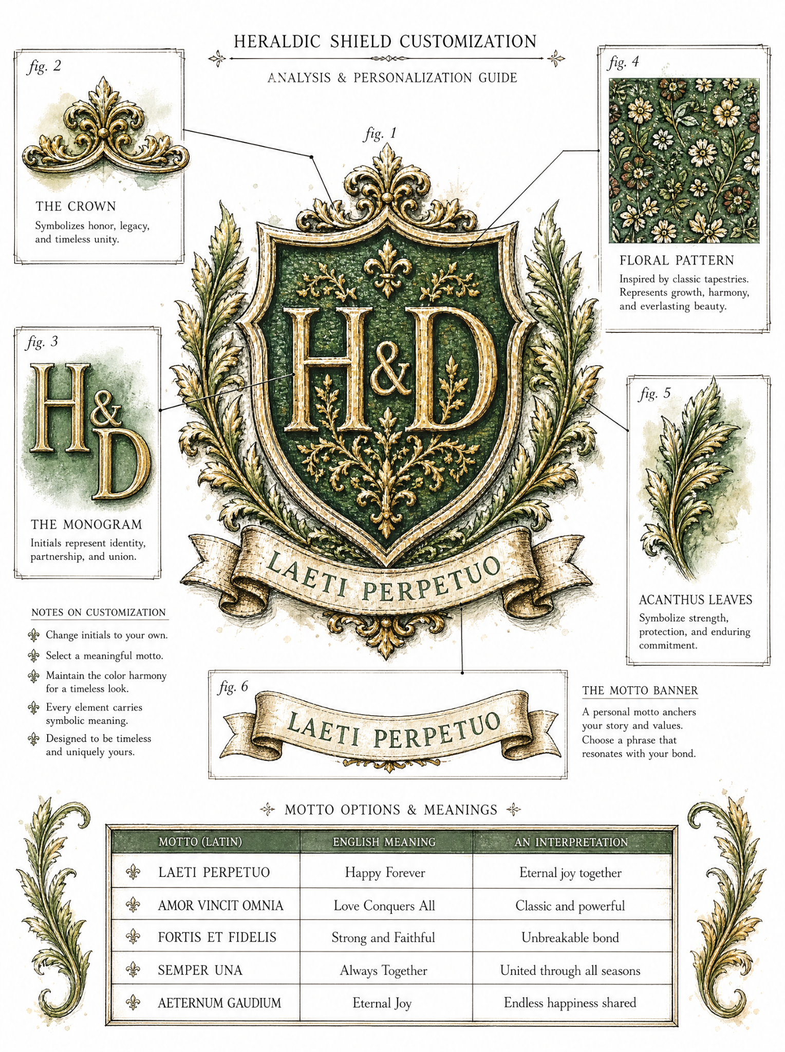 Heraldic wedding monogram customization guide showing crown, initials, floral pattern and motto choices