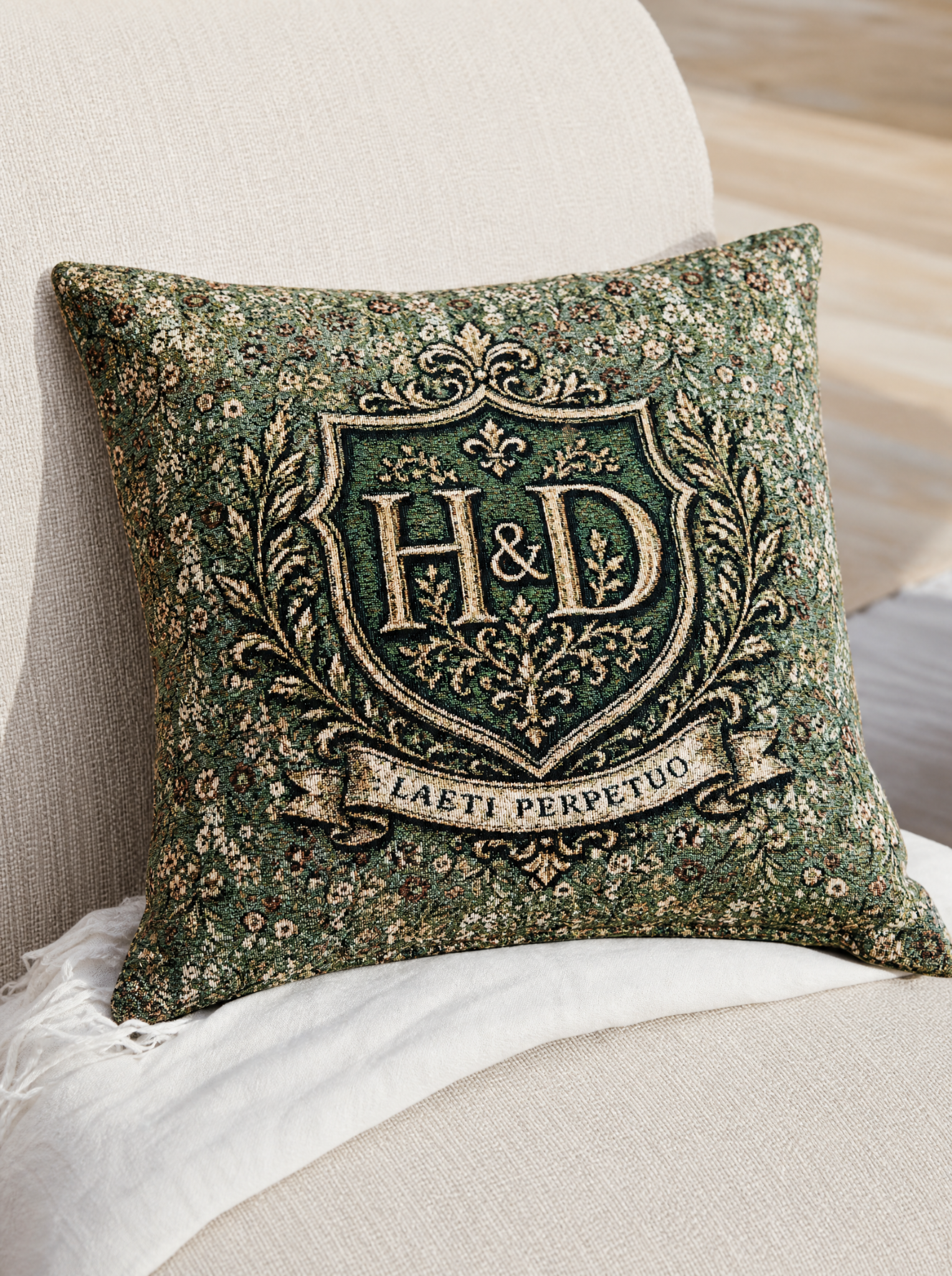 Green heraldic personalized wedding pillow with intertwined couple initials and Latin motto