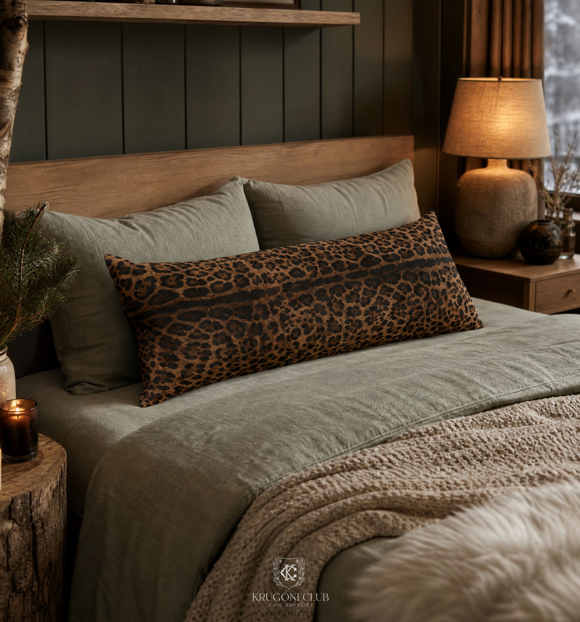 Long leopard print body pillow styled on a dark sofa
