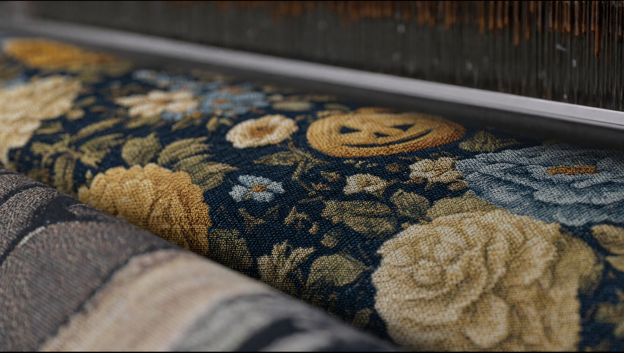 Close up of colored threads on a jacquard loom