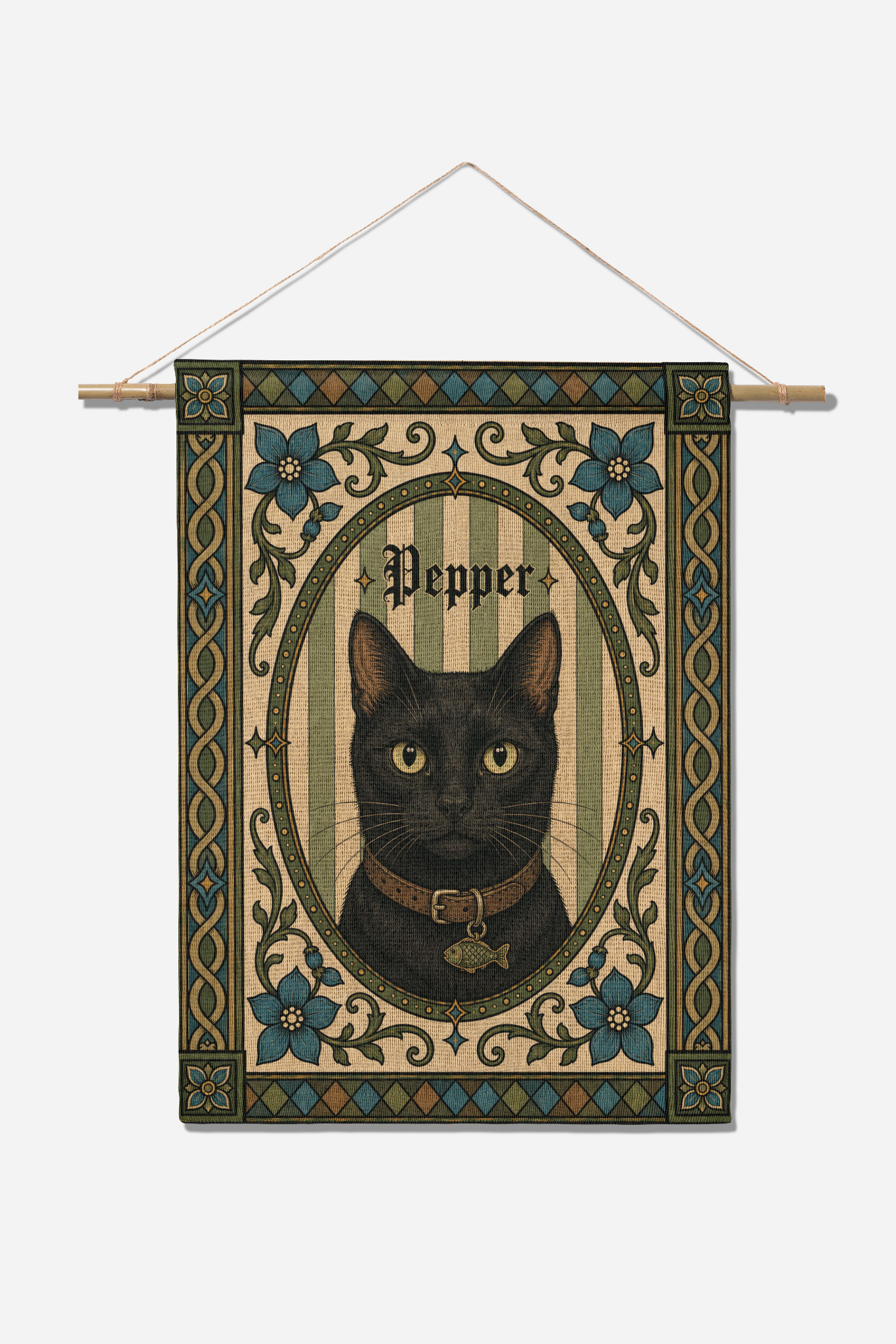 Personalized black cat portrait displayed as a small woven wall hanging