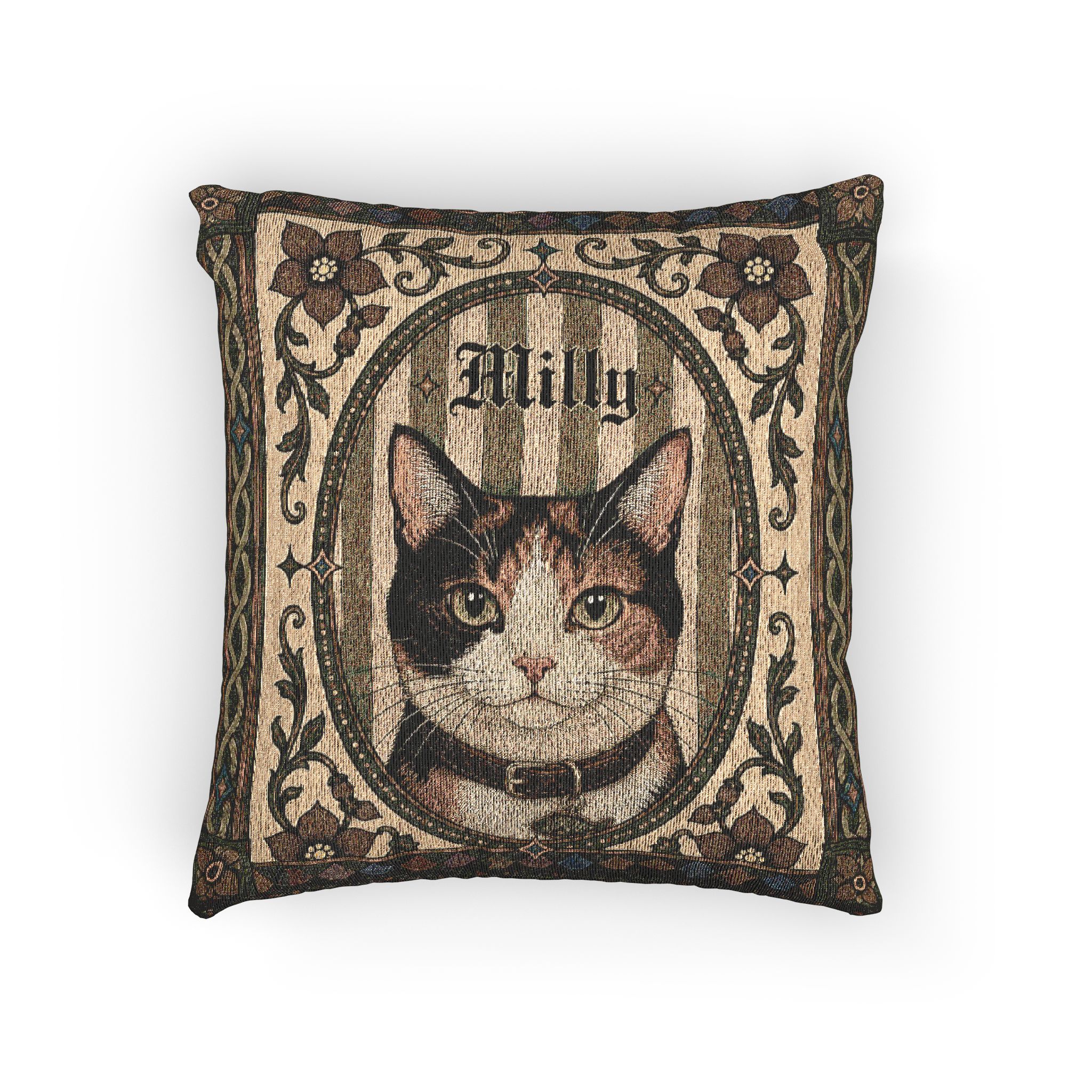 Calico cat personalized portrait woven pillow with decorative medieval frame