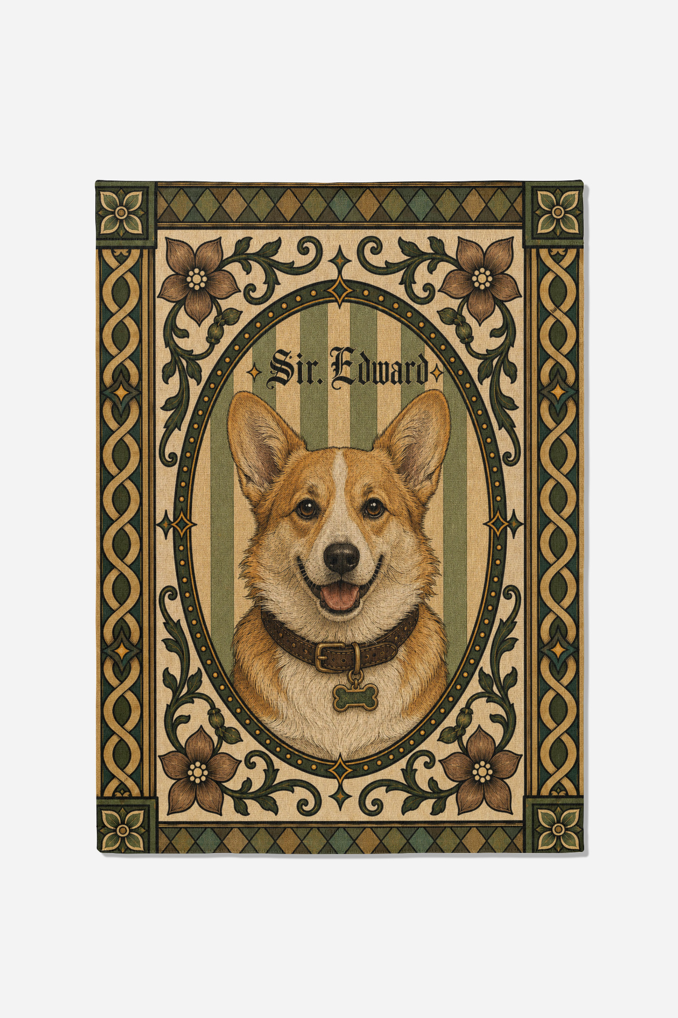 Personalized corgi portrait displayed as a woven wall tapestry