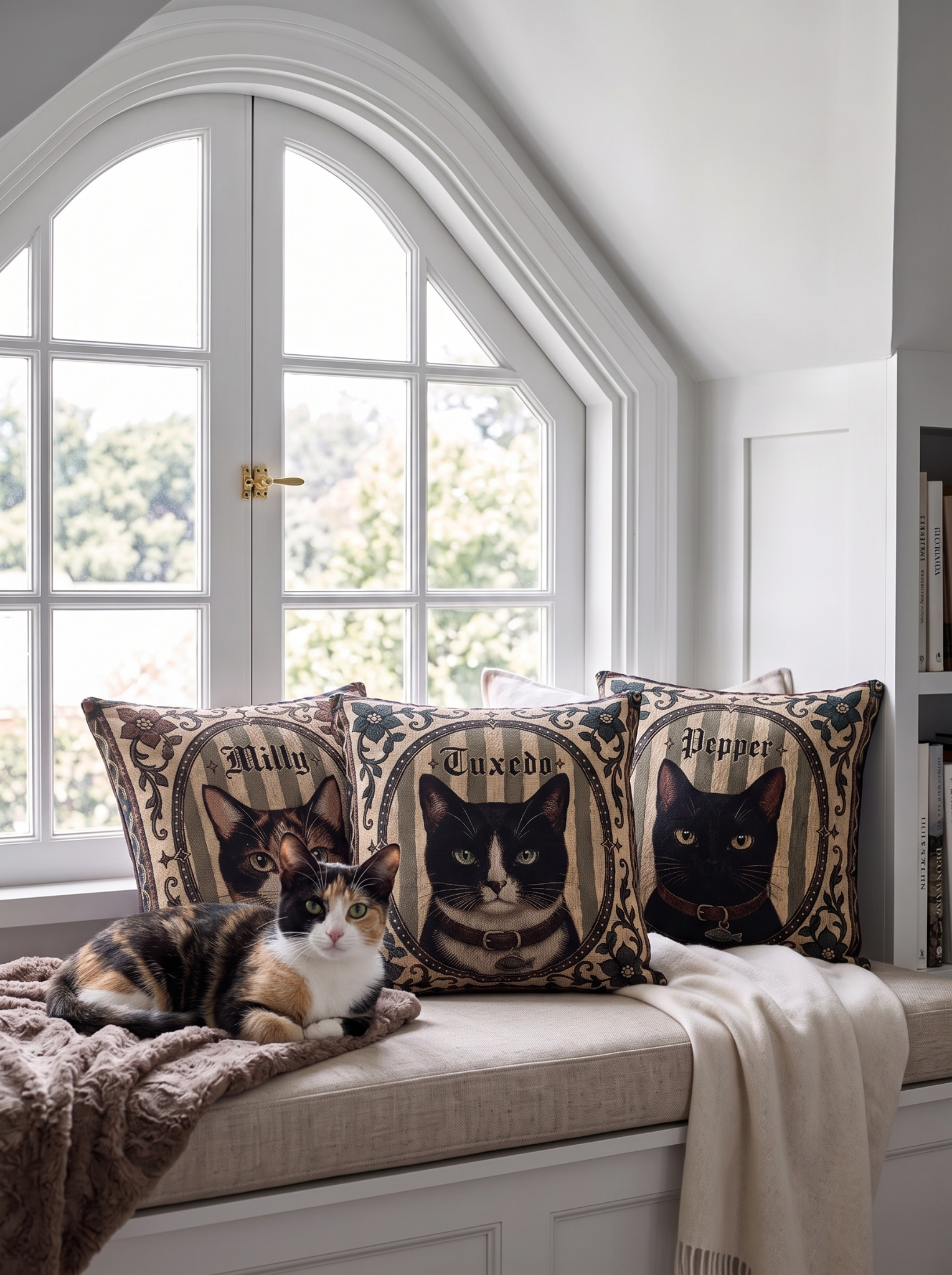 Three personalized medieval style cat portrait pillows displayed with their pets