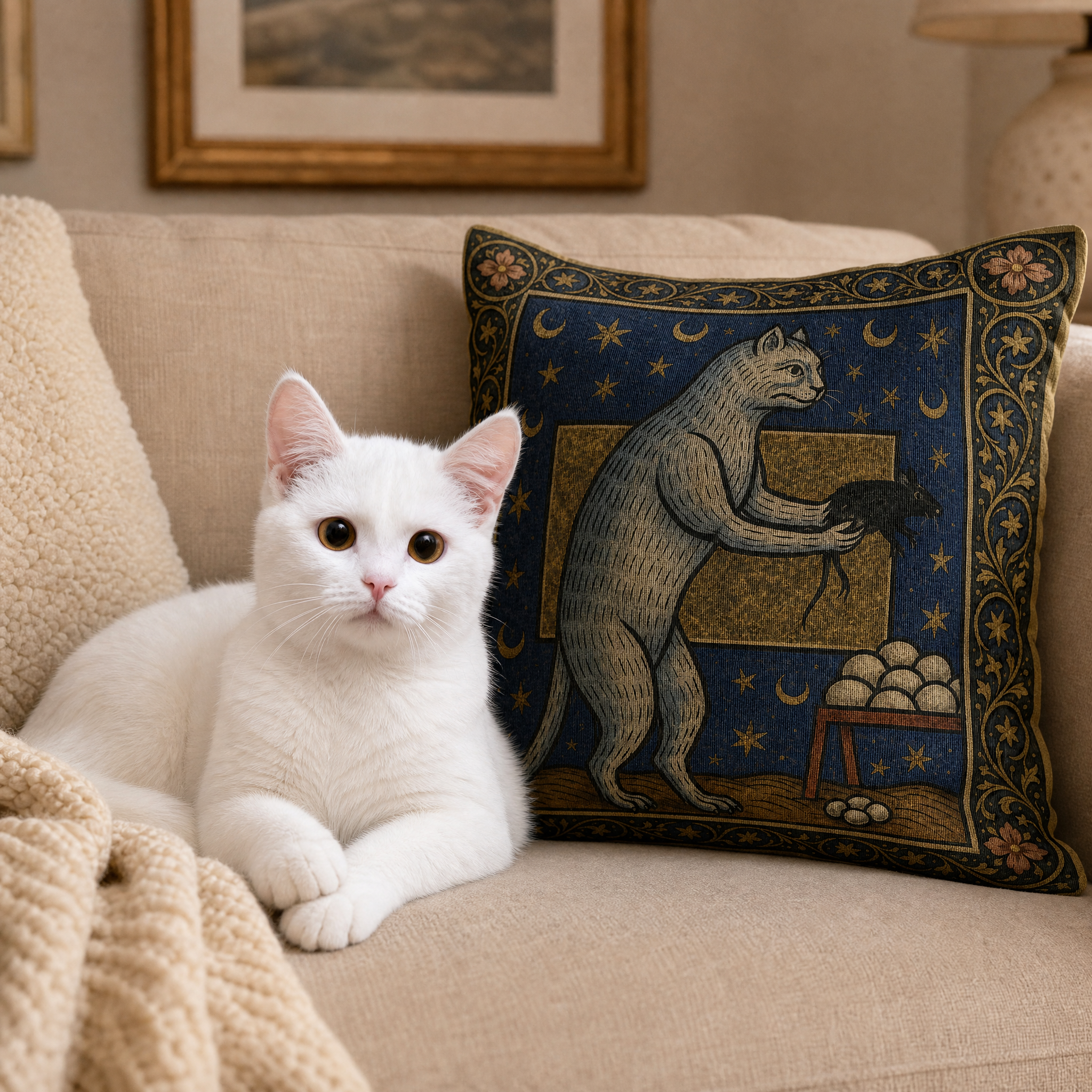 White cat beside a personalized Egyptian inspired woven portrait pillow
