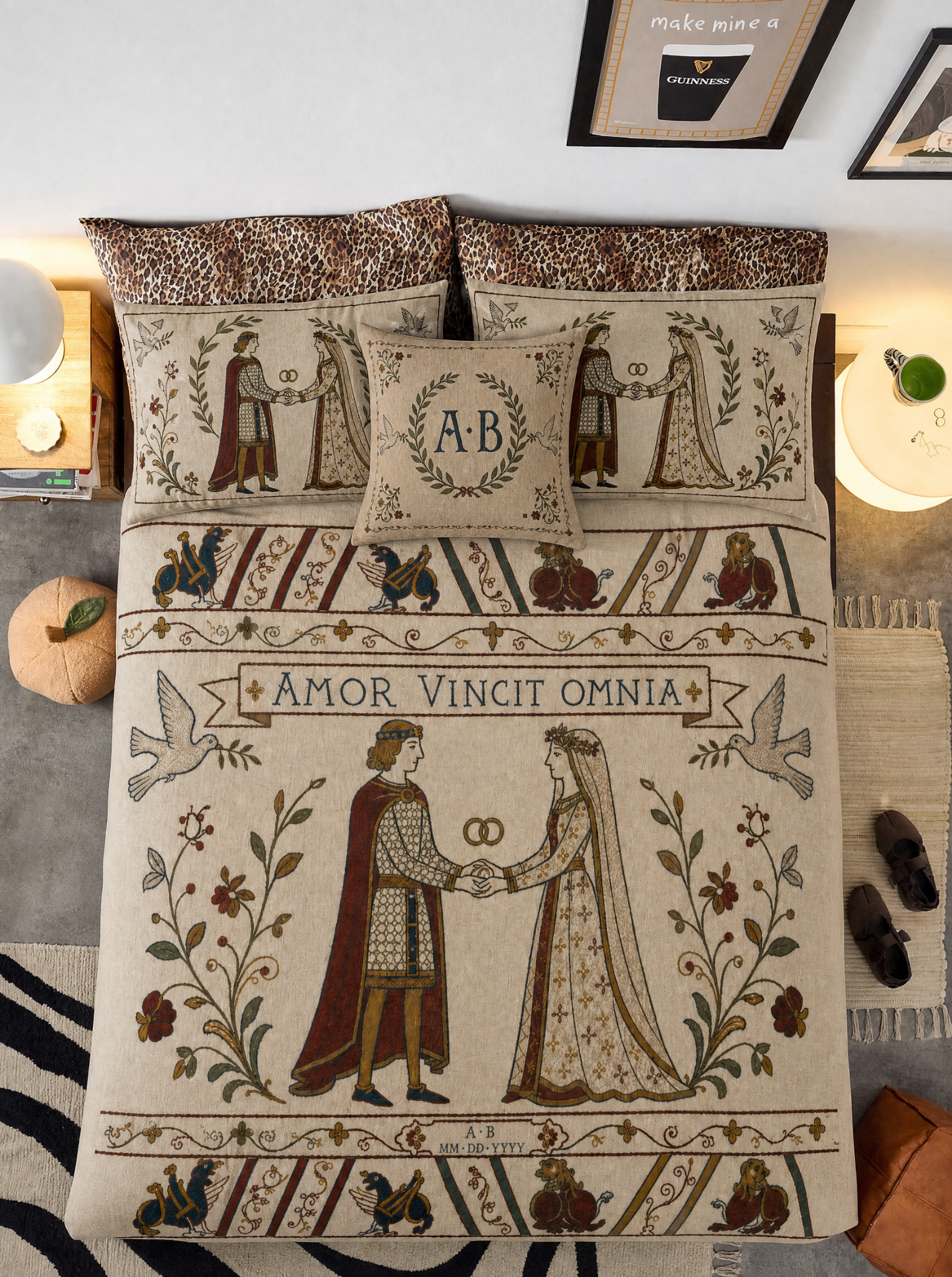 Coordinated personalized wedding bedding with monogram pillows and woven couple blanket