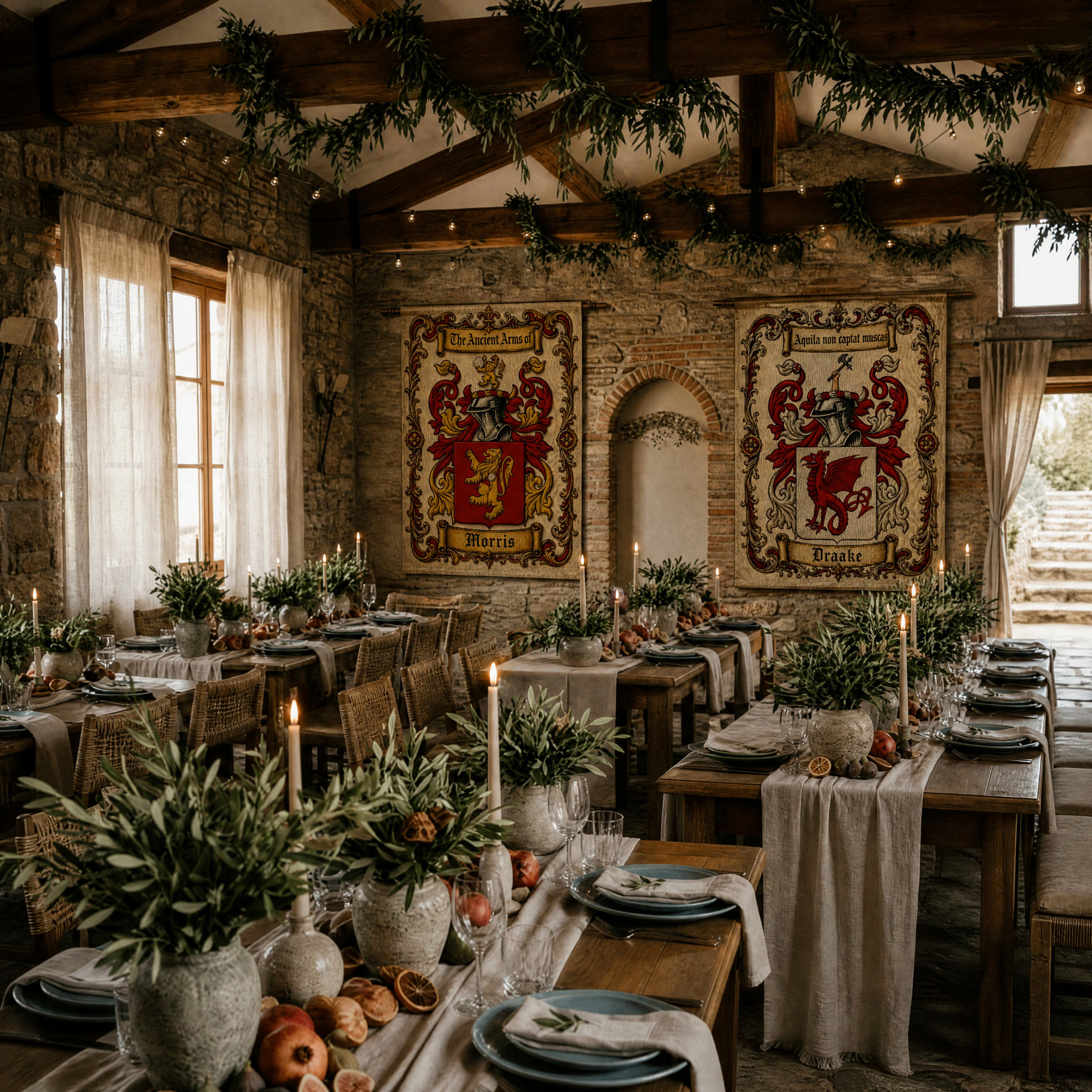 Personalized crest tapestries decorating an elegant wedding banquet
