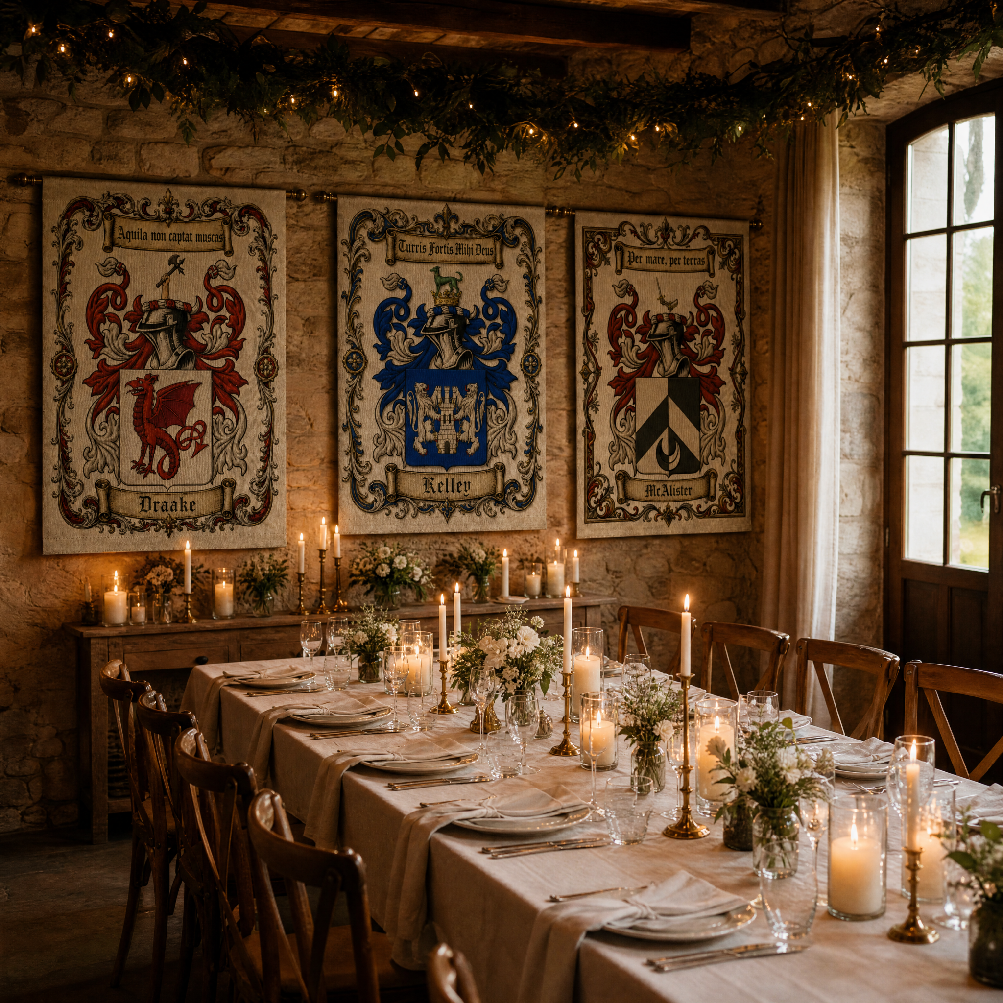 Multiple personalized family crest tapestries displayed at a candlelit wedding reception