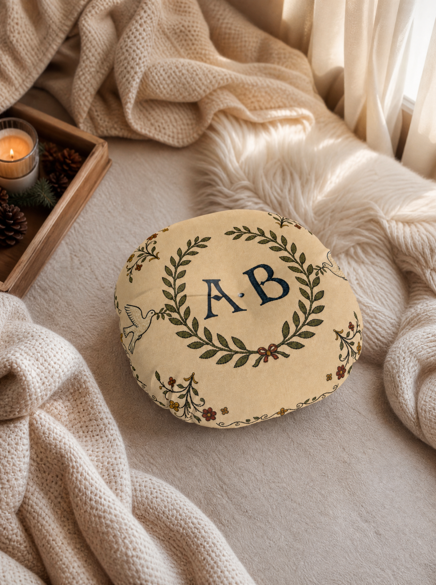 Round personalized monogram floor pillow styled on neutral bedding