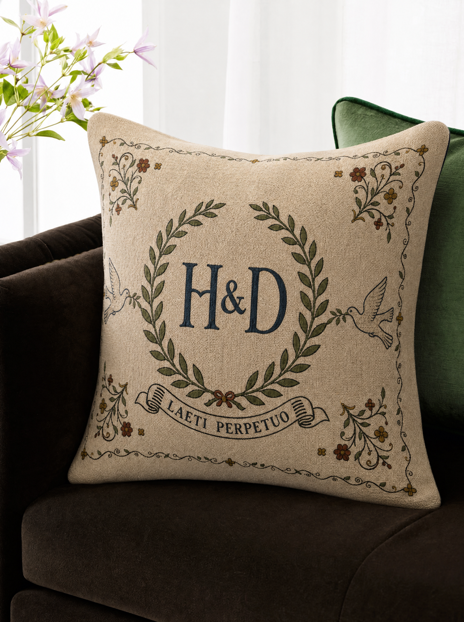 Personalized wedding monogram woven pillow with laurel motif