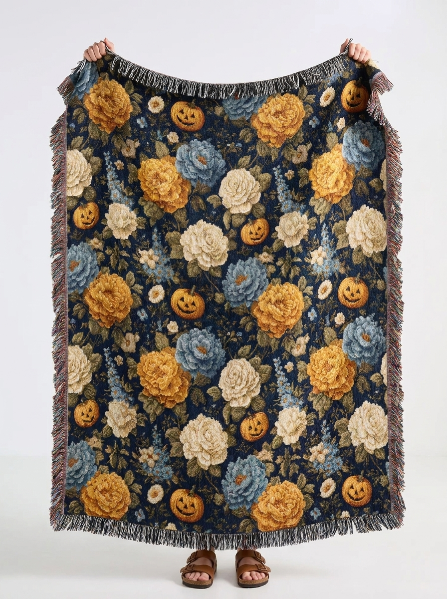 Fringed floral jacquard woven blanket showing its detailed texture